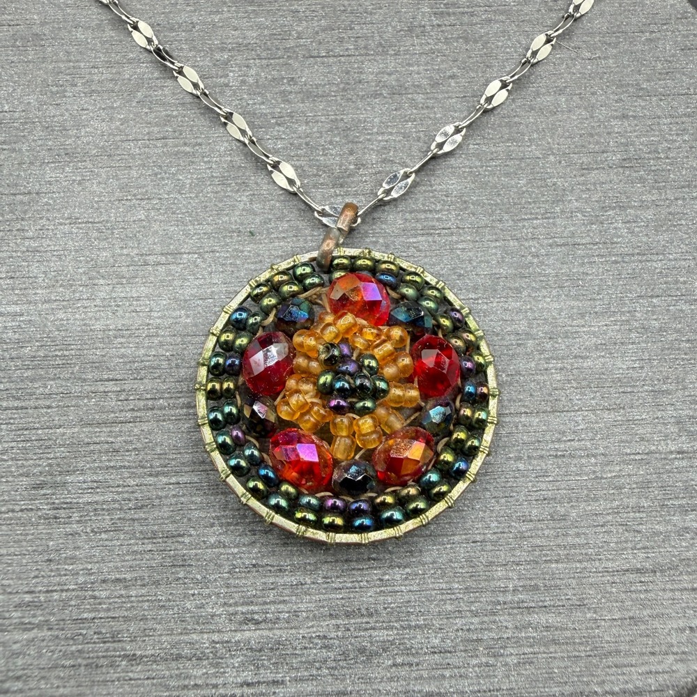 Multicolor Beaded Mosaic Pendant Necklace Stainless Steel Chain Boho Statement